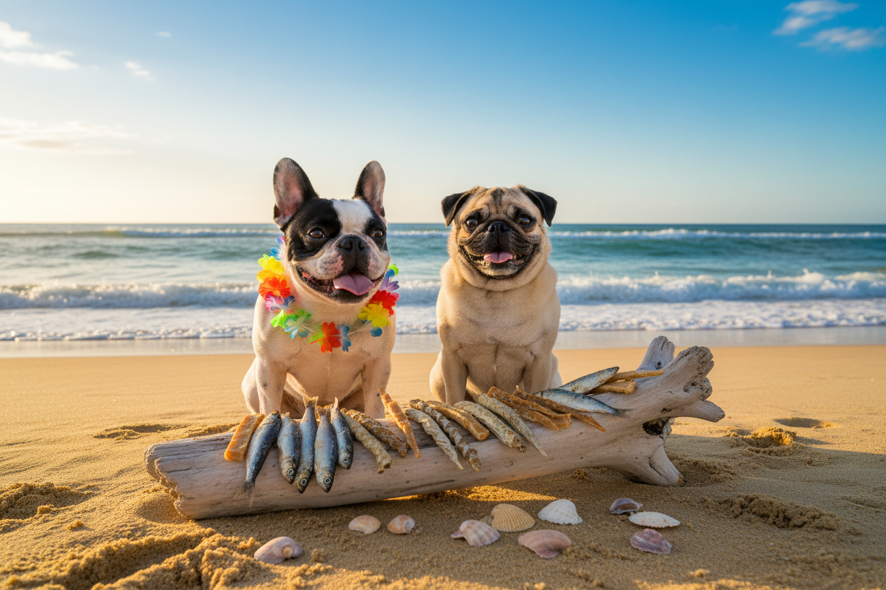 Fifi & Max at the Beach with Seafood Treats