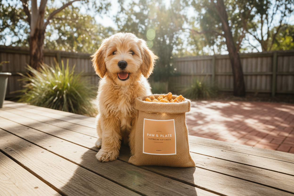 Fluffy dog with treat bag