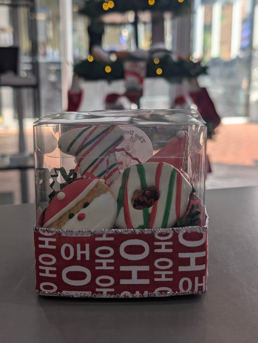 Clear container with Christmas-themed cookies on a table