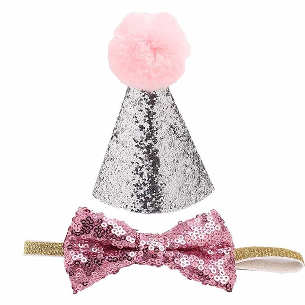 glitter party hat w bow tie pink/silver