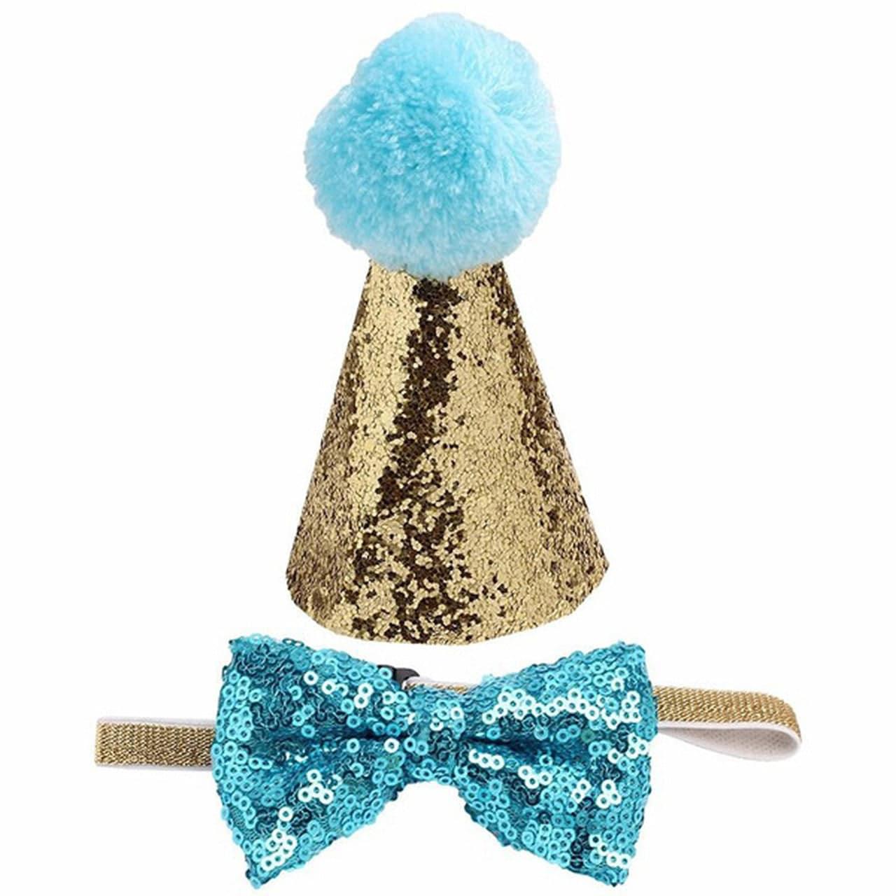 glitter party hat with bow tie aqua/gold